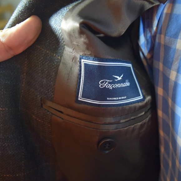 Faconnable Blue Brown Check Italy Sport Coat 46R - Picture 4 of 8